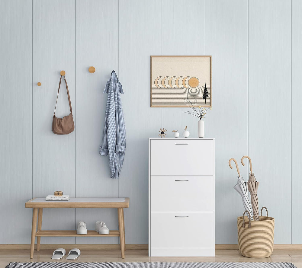 Karl home White Narrow Entryway Shoe Cabinet, 3 Flip Drawer Shoe Rack
