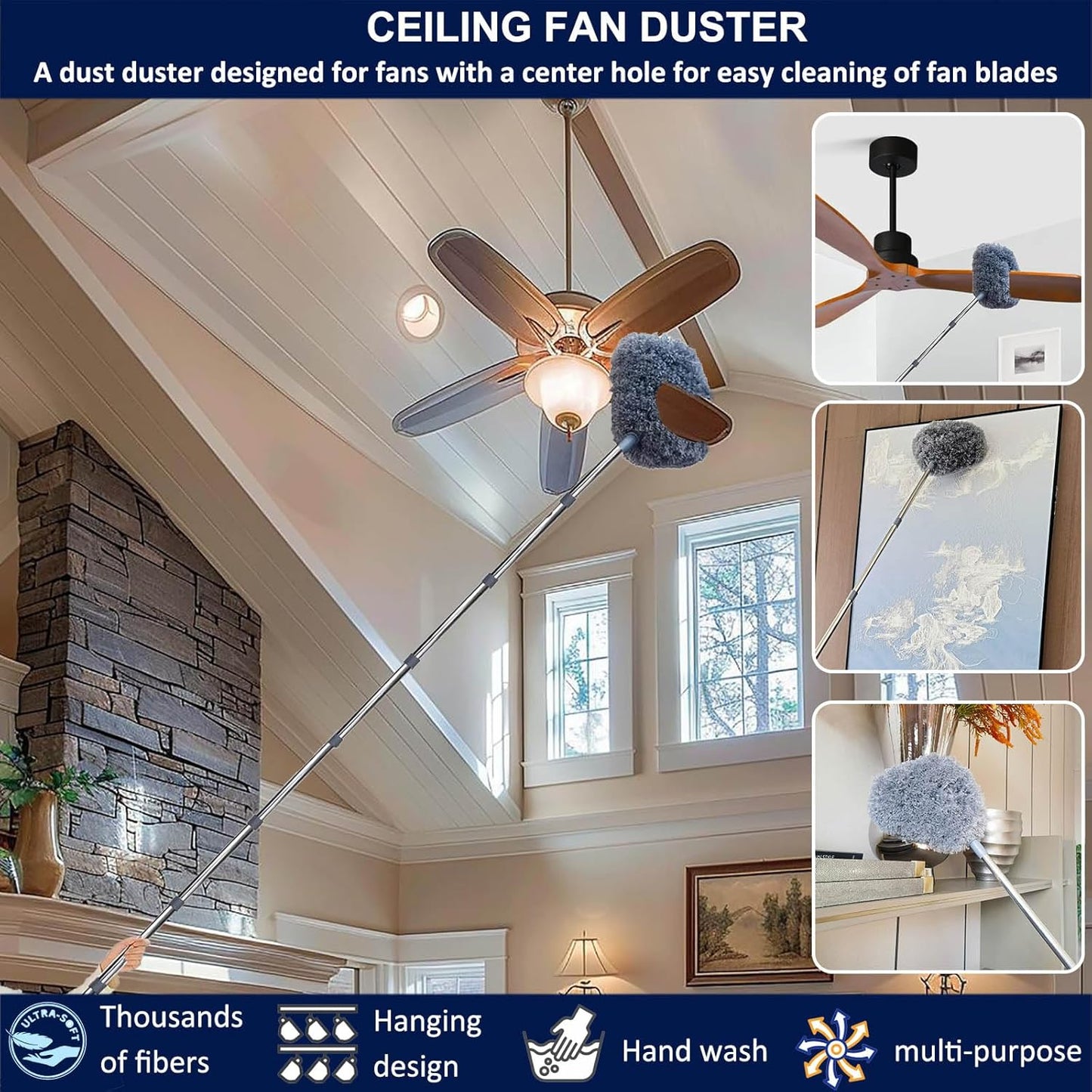 20+ Ft High Reach Ceiling Fan Duster & Cobweb & Corner Brush Duster with 3-14 ft Spliceable Pole Microfiber Feather Duster for Spider Web, High Ceiling, Blinds, Furniture Cleaning Tool Kit