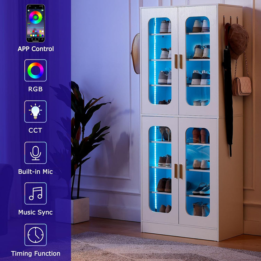 Cyclysio Tall LED Shoe Cabinet with Adjustable Shelves, White