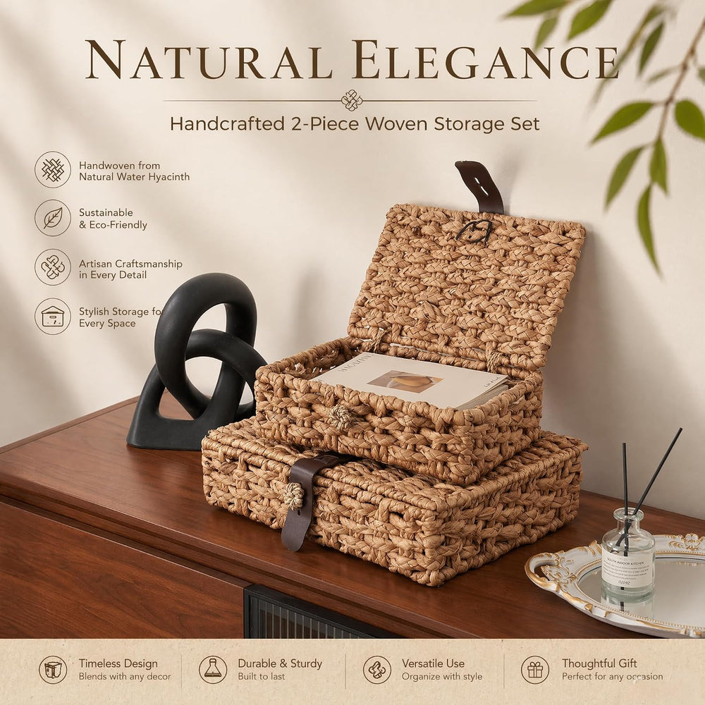 2 Pcs Decorative Box with Lid, Wicker Storage Basket, Water Hyacinth Woven De...