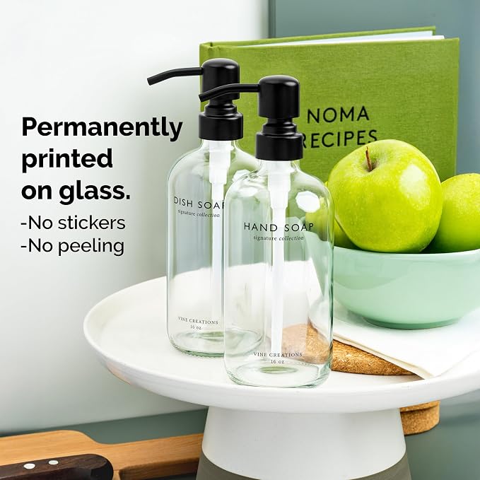 Vine Creations Clear Glass Soap Dispenser Set, Dish Soap and Hand Soap - Image 3