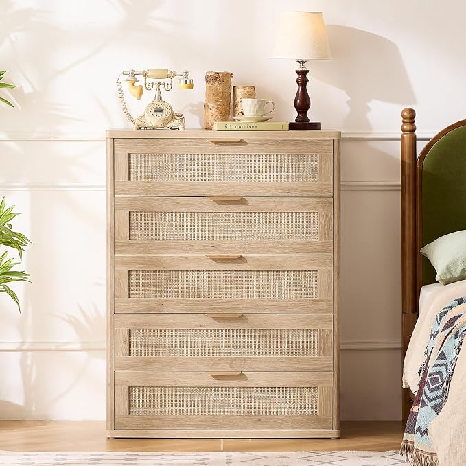 LEYAOYAO Rattan Dresser for Bedroom, Modern 5 Drawers Boho Dressers - Image 7