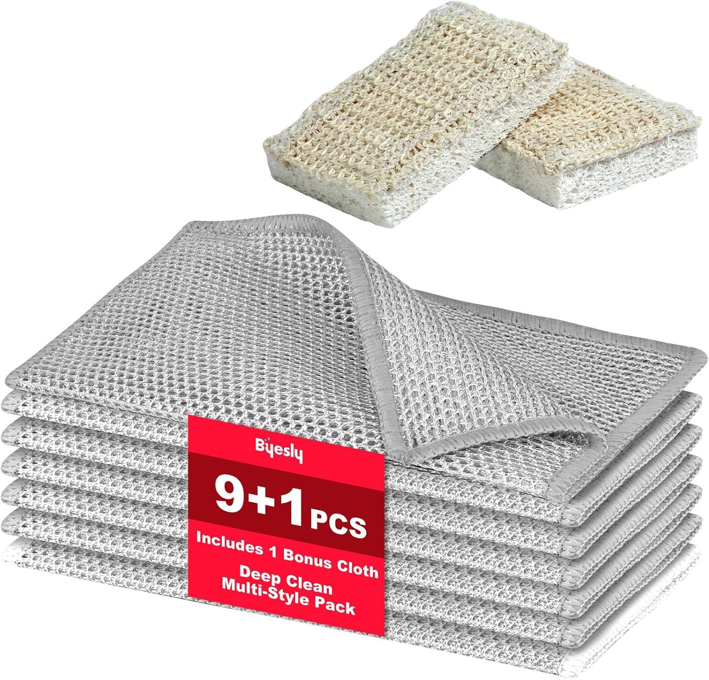 Non Scratch Wire Dishcloth, Metallic Fiber Cleaning Cloths - 9+1 Pcs Deep Clean Multi-Style Pack, for Dishes, Sinks & Pans (7.87x7.87 Inches)