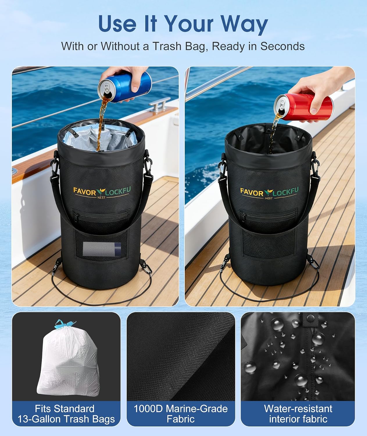 Boat Trash Can, Reusable Waterproof & Wind Resistant Hanging Garbage Container Bag for Boat, Marine, Fishing, RV & Camping Accessories (Black)