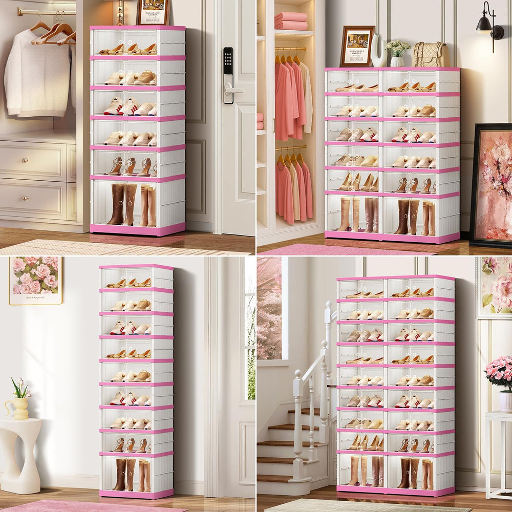 CIMLORD 9-Tier Foldable Shoe Rack Organizer with Doors, 18 Pairs,White-Pink