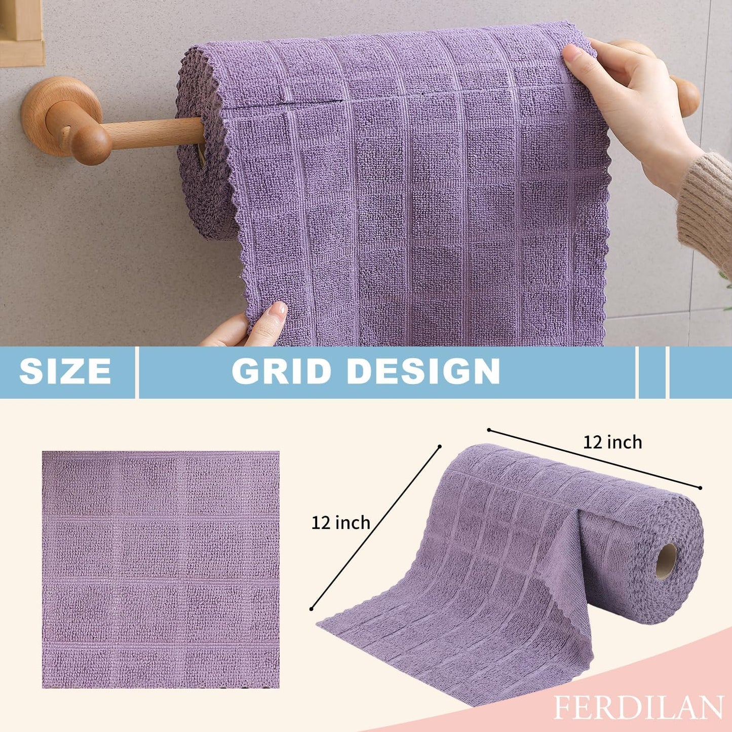 Ferdilan 80 Pack Microfiber Cleaning Cloth Roll,Lint Free Rags Paper Towels & Tear Away Reusable Towels,Washable Shop Rags,Wash Cloths Dish Rags(12" x 12") for Car Kitchen Window Garage-Dark Purple