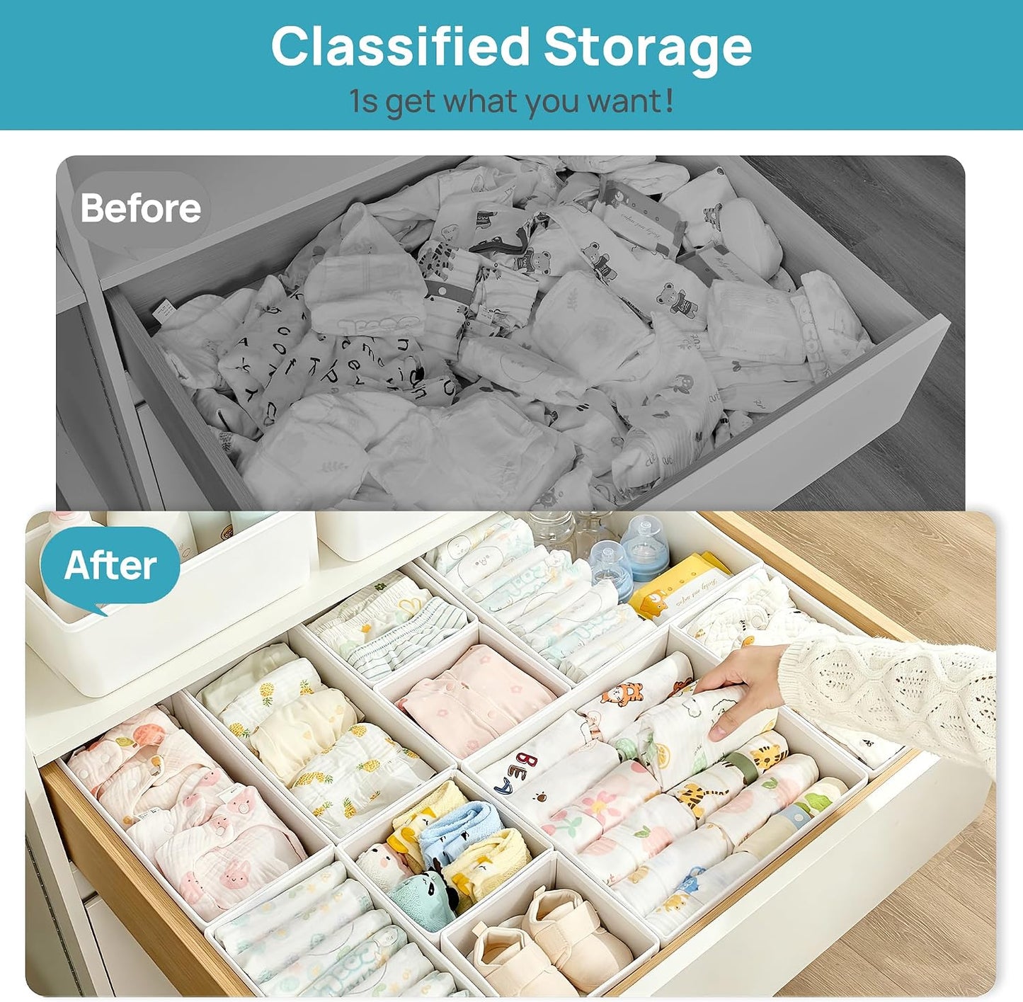 Vtopmart 18 Pack Baby Clothes Organizer, Fabric Drawer Drawer Bins, White | Nursery Drawer Storage, Baby Clothes Organization, Foldable Fabric Bins, Dresser Closet Organizer, Socks, Bras & Accessories