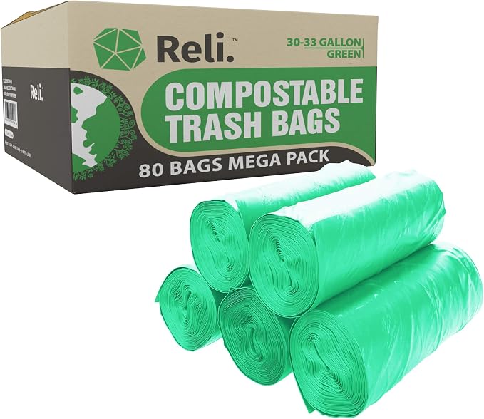Reli. Compostable 33 Gallon Trash Bags | 80 Count Bulk | ASTM D6400 | Green | by Reli