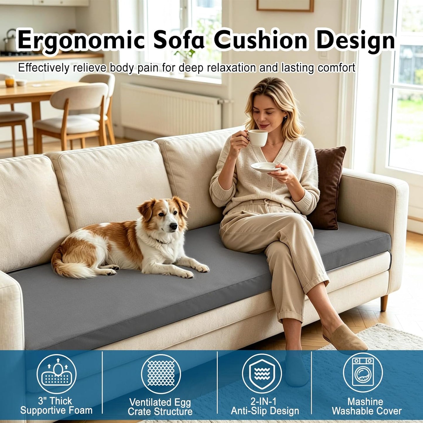71 x 27.5 x 3 Inch Egg Crate Foam Sofa Topper, Thick Couch Topper Cushion with Triple-Sided Extended Flaps & Washable Cover, Non-Slip High-Density Foam Pad for Living Room & RV