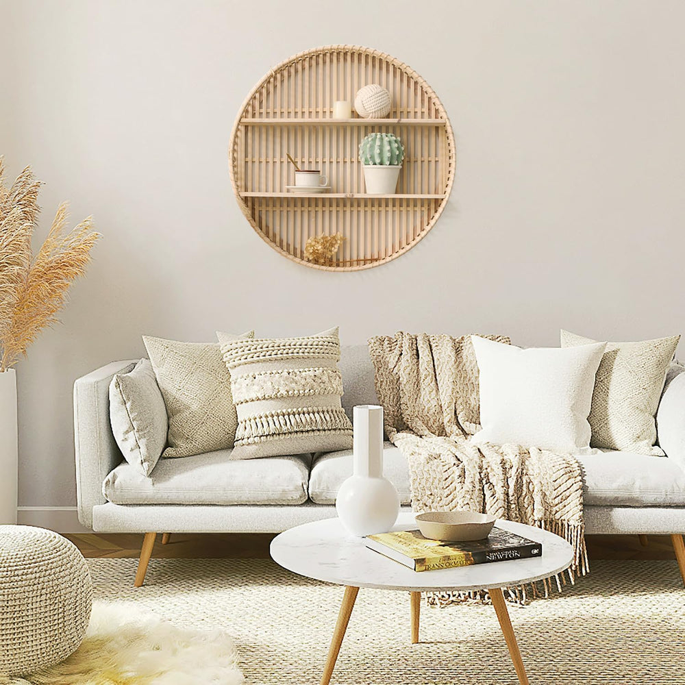 Rattan Wall Shelf 3 Tier Boho Wall Mounted Shelf Farmhouse Handcraft Round Fl...