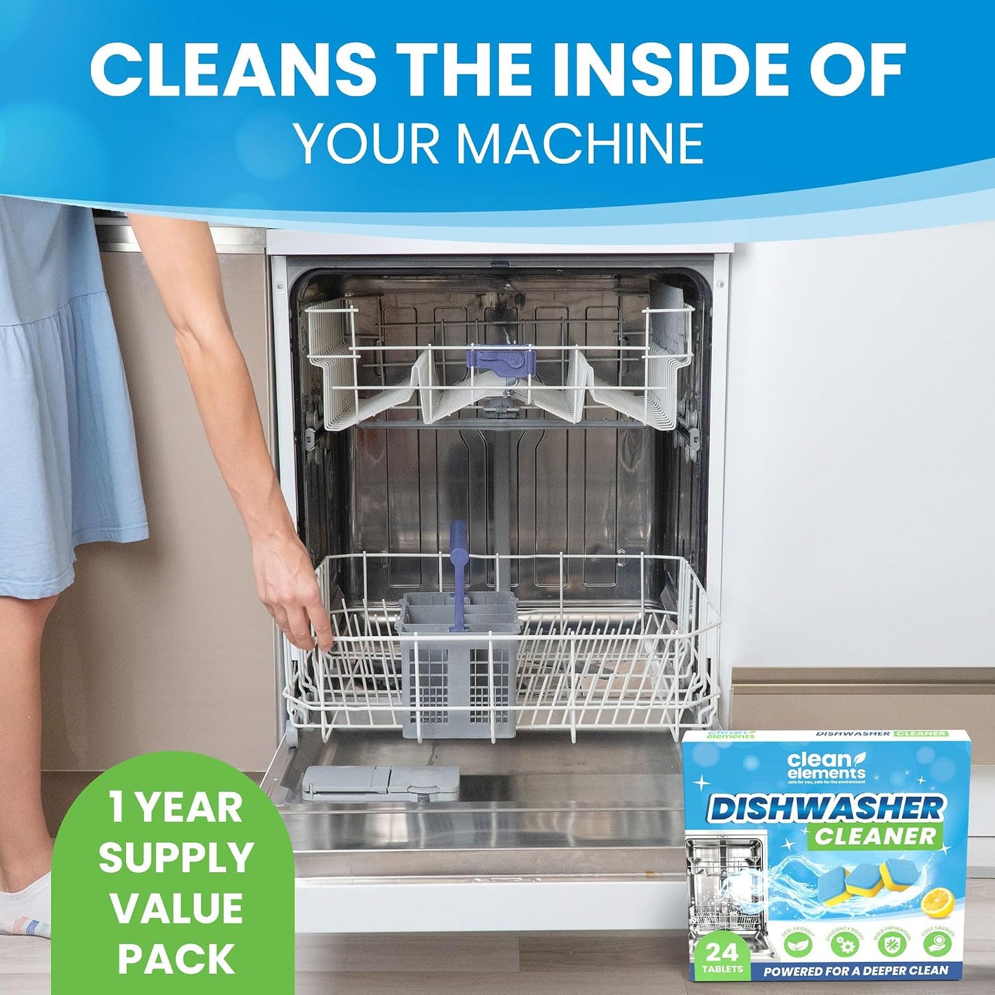 Dishwasher Cleaner Tablets & Deodorizer, Deep Cleaning Descaler, 24 Ct | For Dish Washer Use. Fights Limescale, Hard Water, Calcium & Grease Buildup, Odor Control, Septic Safe, 12 Month Supply