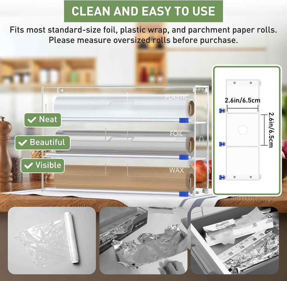 3 in 1 Clear Acrylic Foil, Plastic Wrap Organizer with Cutter