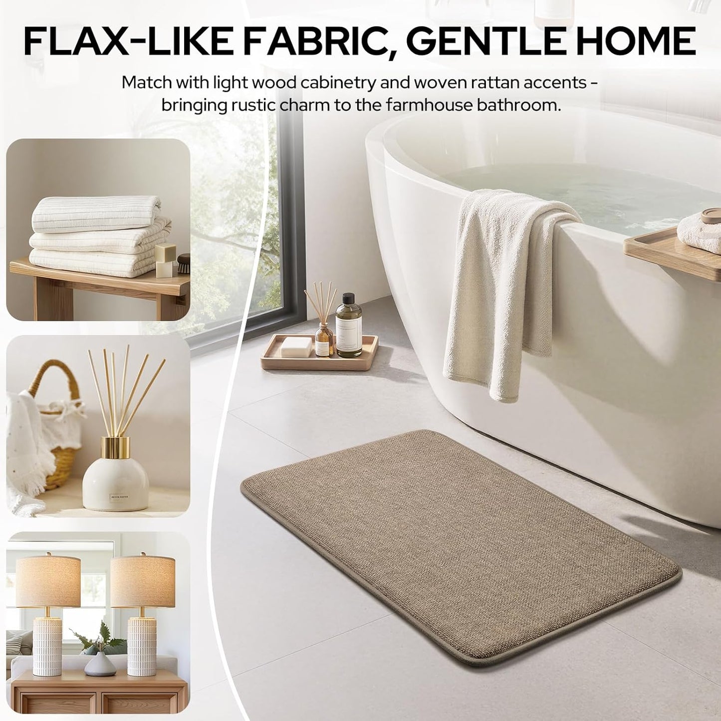HOMEIDEAS Memory Foam Bathroom Rugs Set 2 Piece, Ultra Absorbent Quick Dry Bath Mats, Linen-Like Boho Bathroom Rug Set for Bath Floor, Shower & Tub (Beige, 32"x20" + 24"x17")