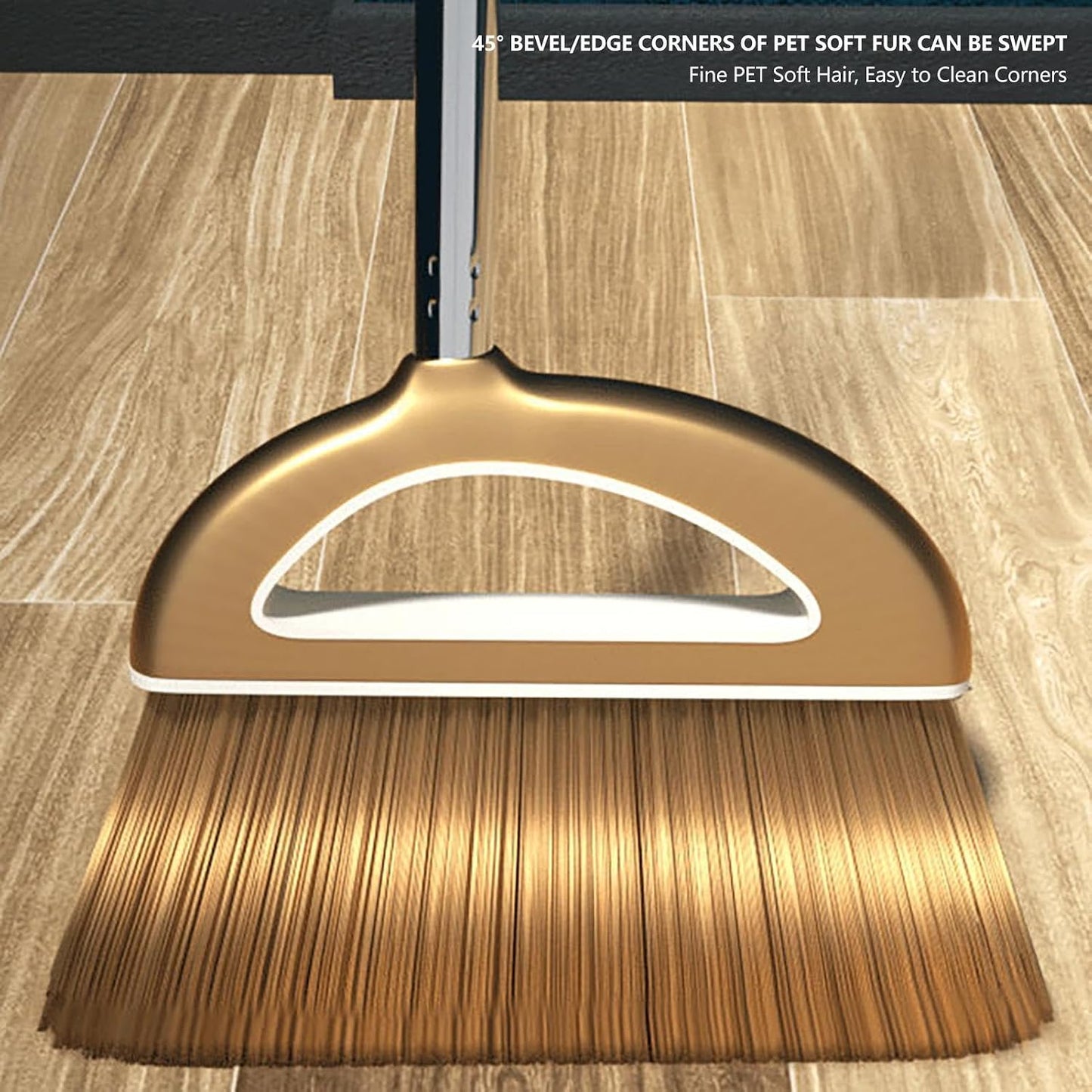 Broom and Dustpan Set with Long Handle, Dust Broom Andstanding Dustpan Combo, Lightweight Robust Kitchen Brooms Dustpans, Duster Tool Cleaning Gadgets, for Home, Kitchen, Offices, Pet Hair, Gold