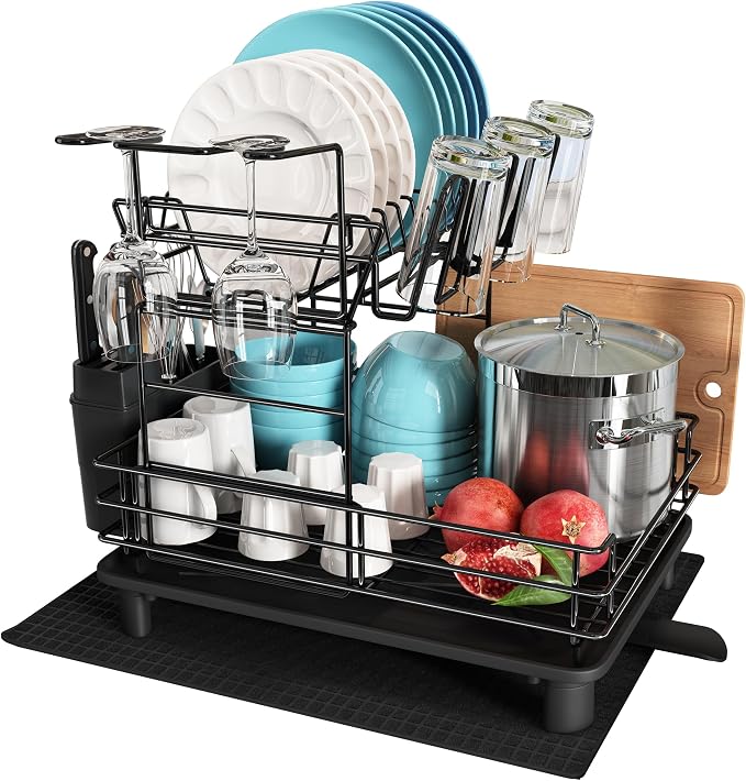 JASIWAY 2 Tier Black Large Stainless Steel Dish Drainers Drying Rack - Image 7