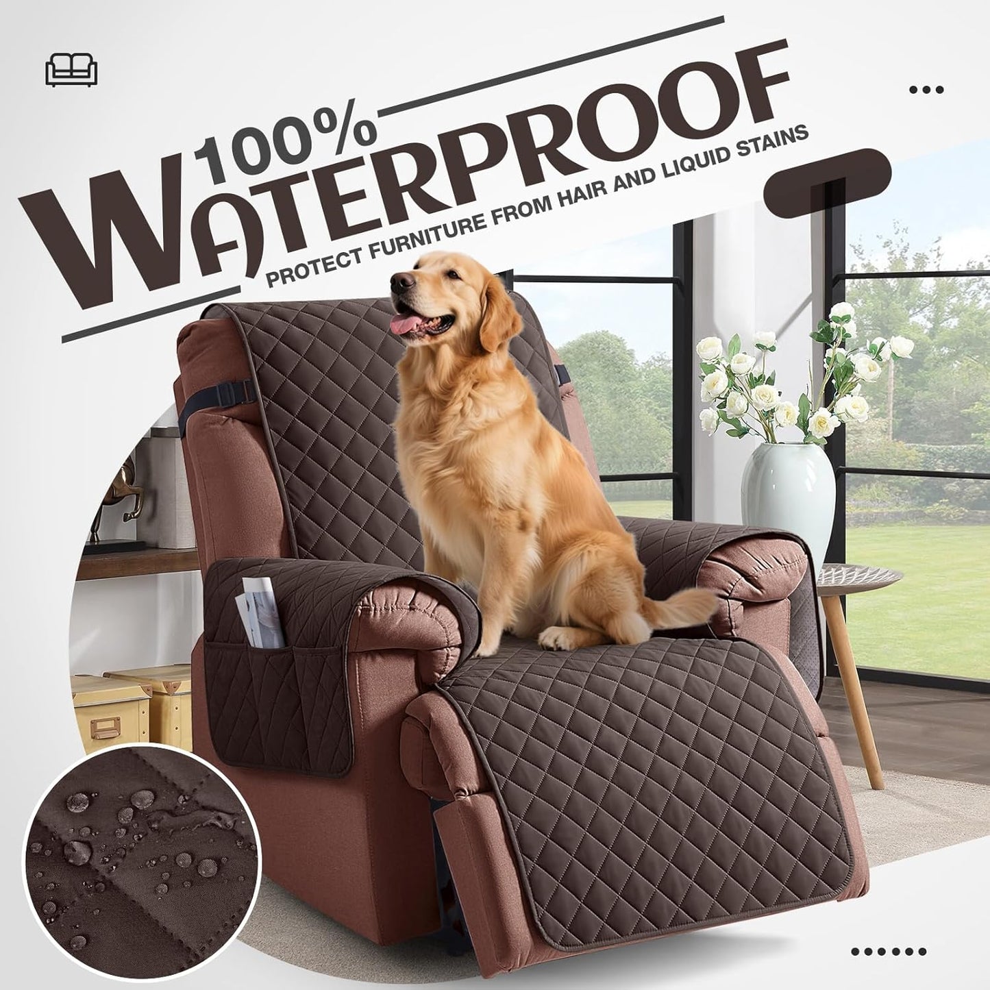 KinCam 100% Waterproof Recliner Chair Cover, Reclining Couch Covers for Pets, Dogs, Recliner Couch Slipcover Furniture Protector with Elastic Straps for Kids(23.6", Chocolate)