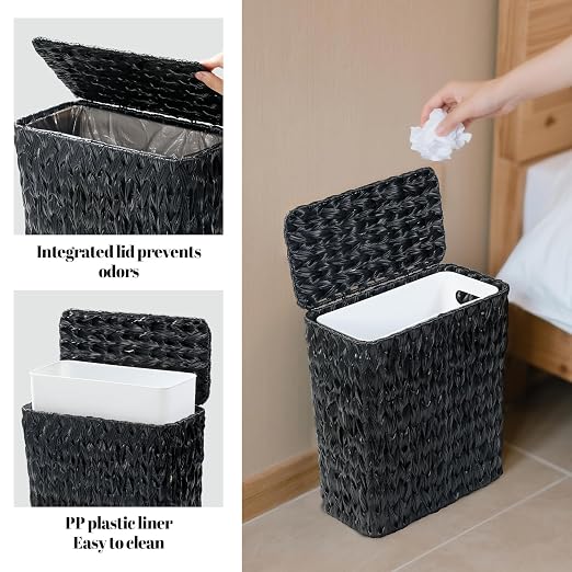 Black Wicker Trash Can with Lid and Liner, Waterproof Narrow Waste Basket - Image 3