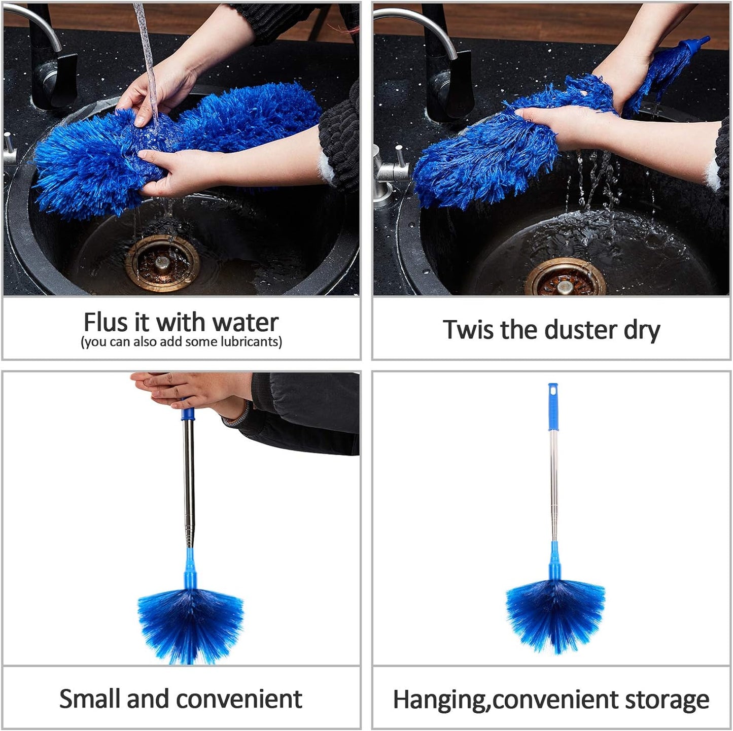 ZZ LAZYCOTTAGE Cobweb Duster with ExtensionPole, Washable Cleaning Duster Kit with 2 DusterHeads, Cobweb Duster, Corner Brush, Telescoping Pole for Ceiling Fan (Blue)
