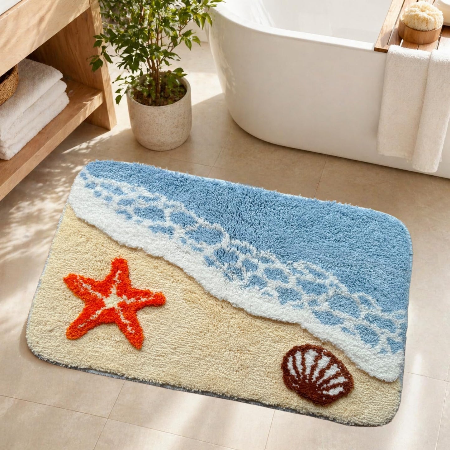 Beach Bathroom Rug 20 x 32 Inch, Coastal Ocean Wave Bath Mat with Starfish and Seashell Design, Soft Absorbent Plush Rug with Textured Backing for Tub, Shower, Sink, Vanity Floor Decor