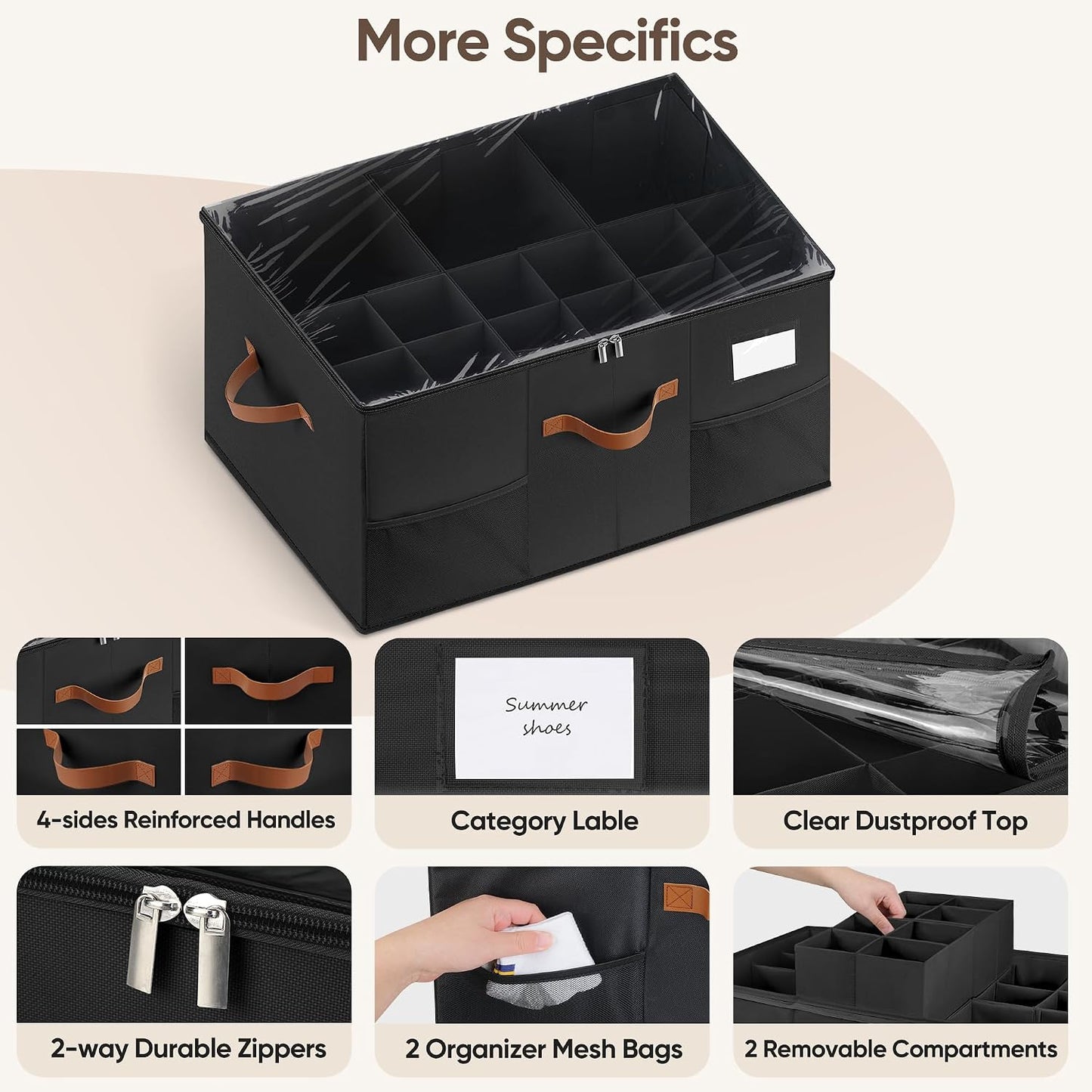 Shoe Organizer for Closet, Adjustable Storage Box Holds 24 Pairs | Black,Foldable,Adjustable Dividers,Clear Lid,Reinforced 4 Handles,Fits Sneakers, Boots & Heels, For Closet,Entryway,Bedroom