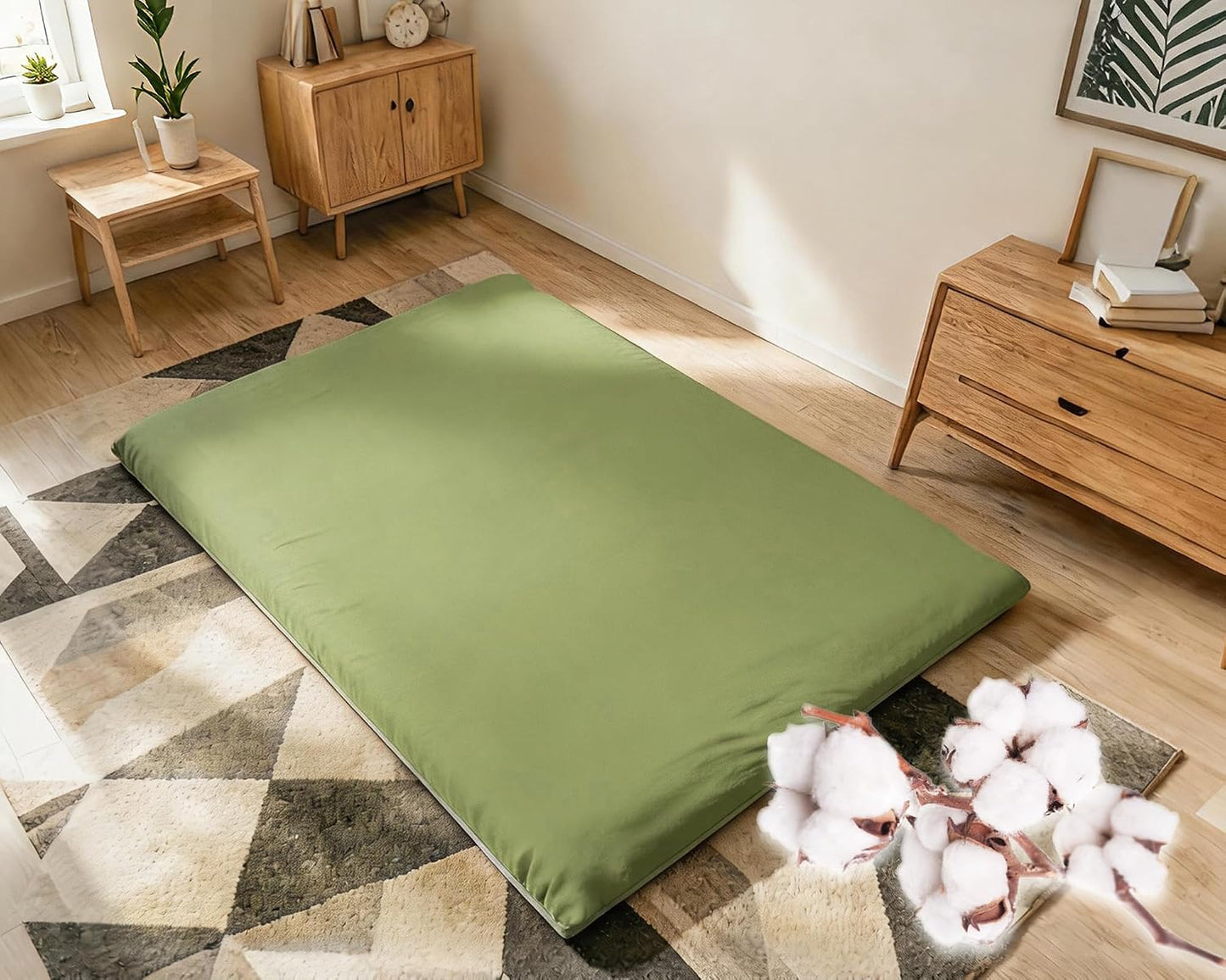 100% Cotton Futon Mattress Cover, Washable Japanese Floor Bed Protector with Zipper, Dust‑Proof Replacement Slipcover for Tatami Mat, Fits Up to 4-Inch Thick Mattresses, Full/Queen