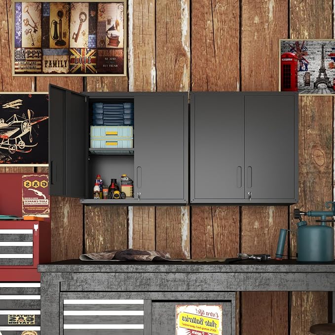 Garage Wall Cabinet with Doors and Shelves, Metal Wall Mounted Storage Cabinet - Image 4