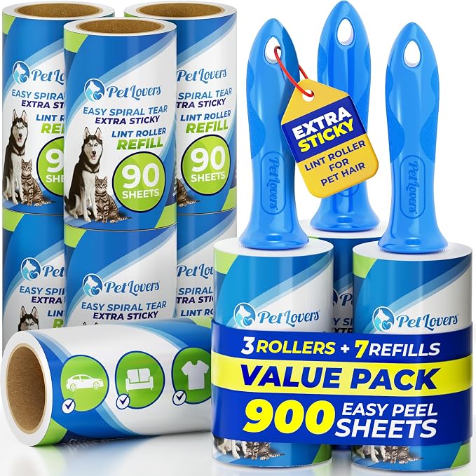 PetLovers Extra Sticky Lint Roller Mega Value Set 900 Sheets by PetLovers