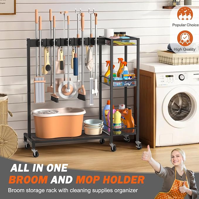 Broom Holder with Cleaning Supplies Organizer, Broom Closet Storage Cabinet - Image 2