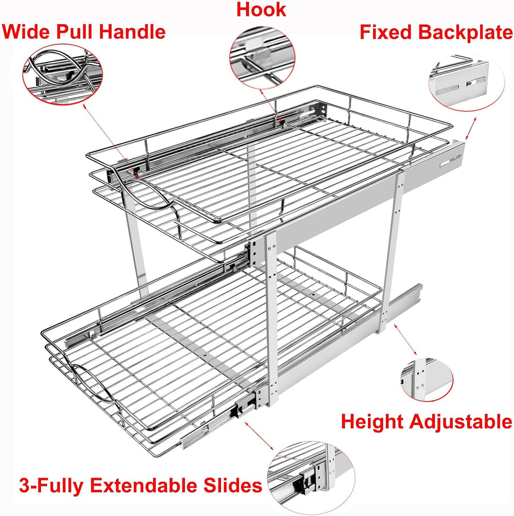 Sikarou Pull Out Cabinet Organizer 14"W 21"D 2-Tier Slide Out Stora...
