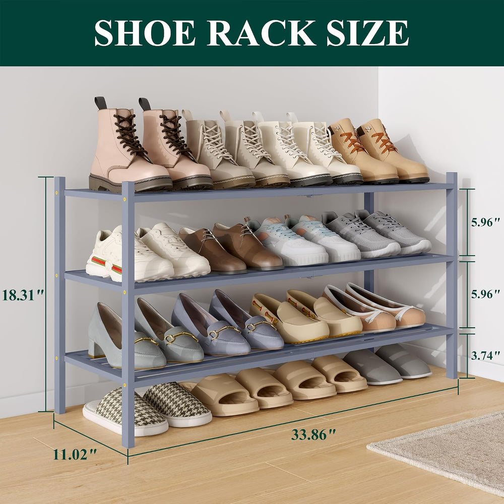 Smiry Bamboo Shoe Rack, 5 Horizontal Slats, 3 Tier - 33.9" Wide, Grey