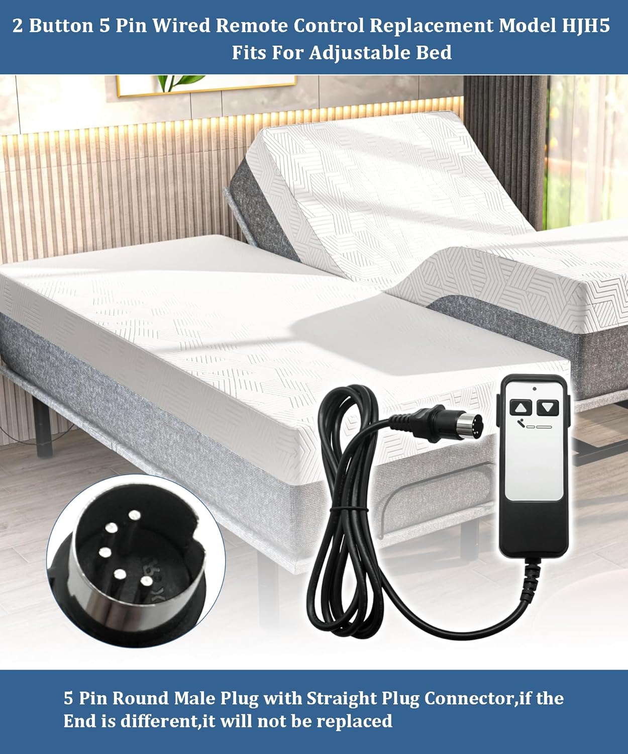 2 Button 5 Pin Adjustable Bed Richmat Wired Remote Control Replacement Model HJH5 Fits for Matt. Firm 50 Series & Leggett and Platt Bas-X CF Wired Adjustable Bed