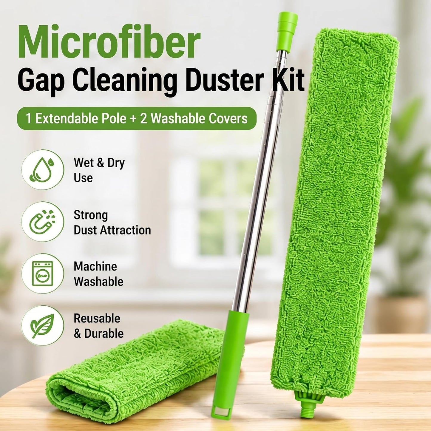 Retractable Gap Dust Cleaner Under Appliance Cleaning Tool, Flat Duster for Under Refrigerator Fridge Stove Couch Bed, Skinny Thin Duster for Tight Spaces (Green)