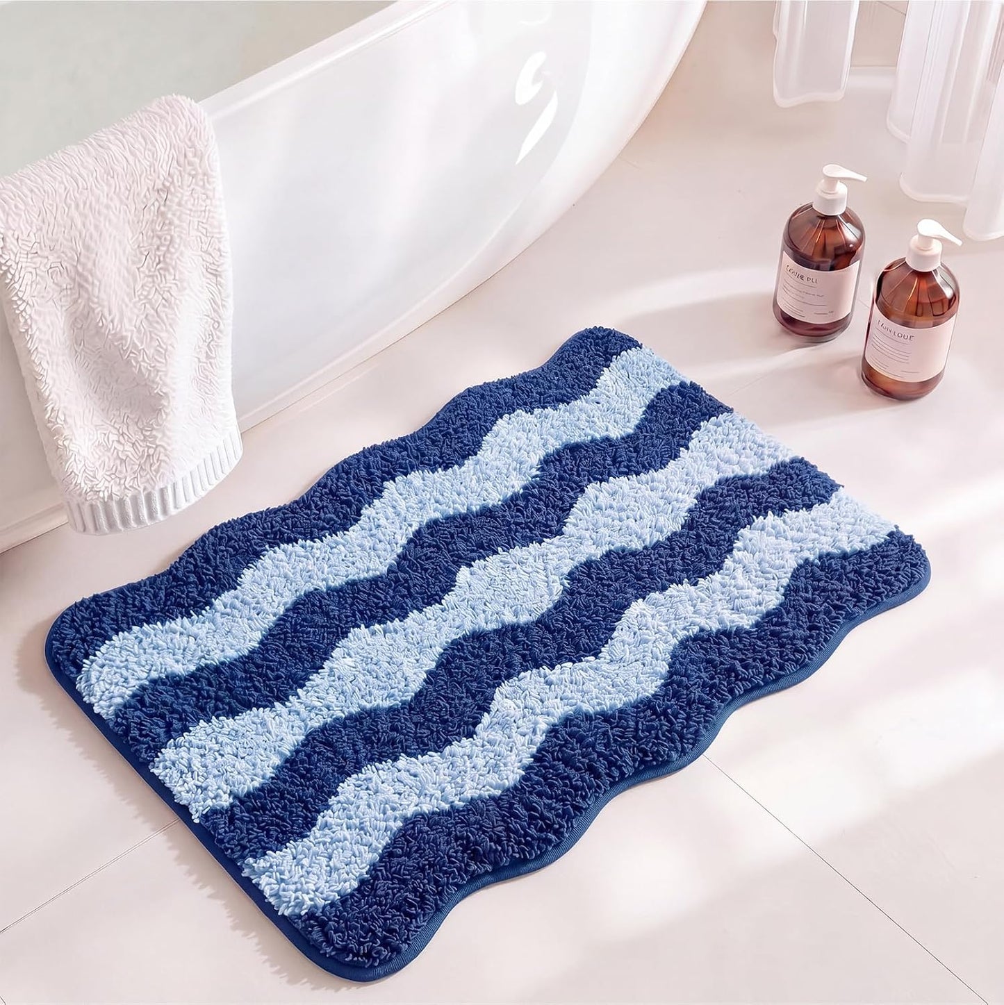 Nuanchu Cute Scalloped Bathroom Rug, Plush Tufted Absorbent Soft Wave Striped Bath Mat 24"x16", Non-Slip Washable Floor Carpet for Bathroom Bedroom Kitchen(Cobalt Blue & Sky Blue)