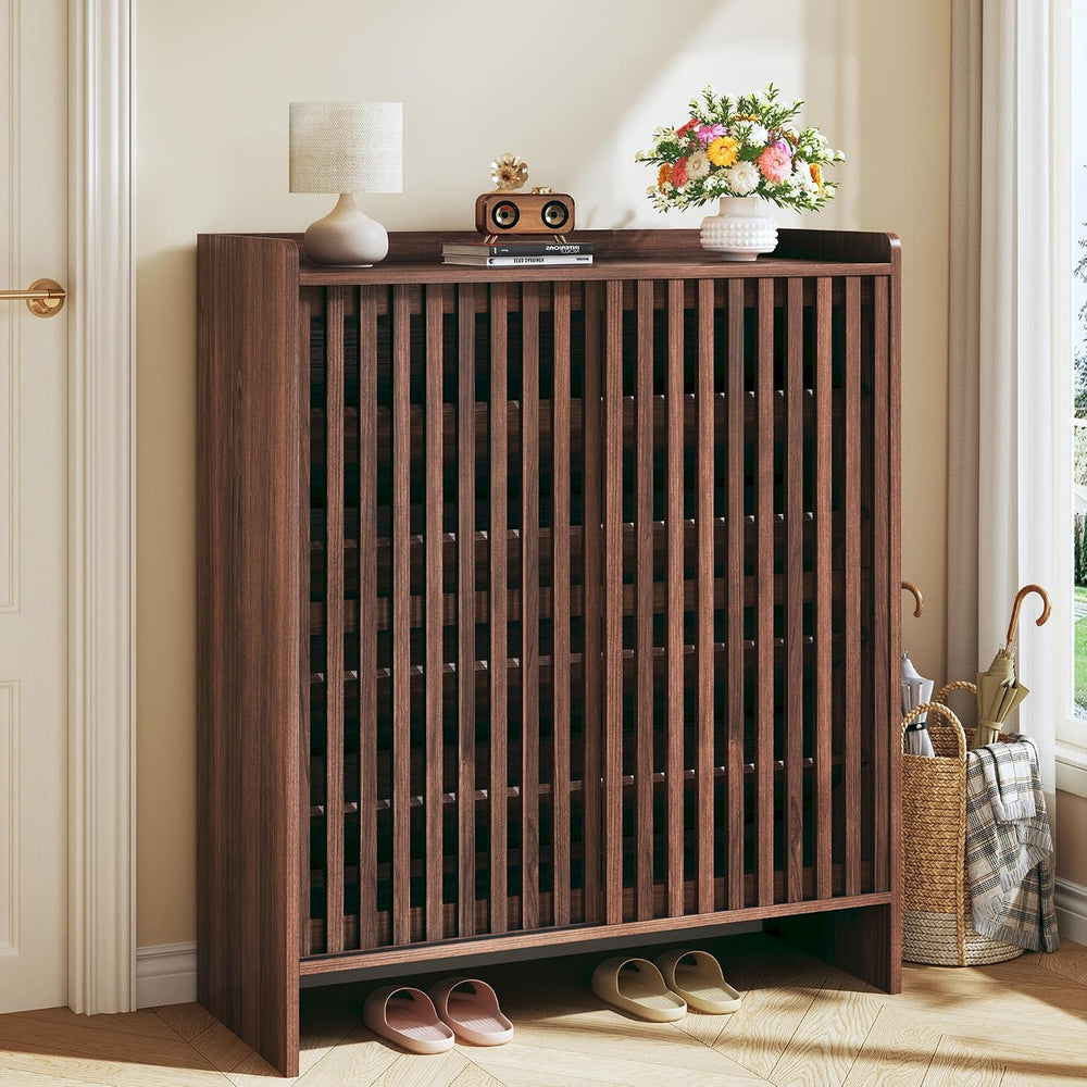 HUAHUU 5-Tier Shoe Cabinet with Sliding Shutter Doors, Wooden Shoe Storage Ca...