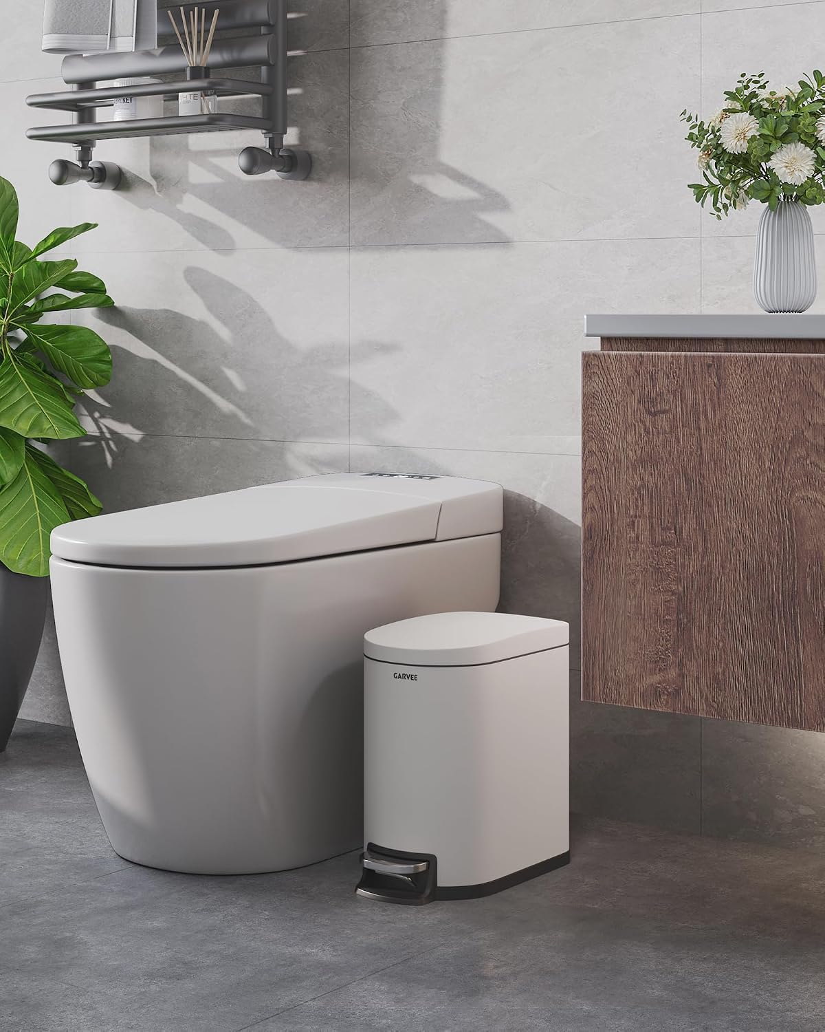 Garvee 1.6 gal / 6 L Metal Bathroom Trash Can with Lid, Slim Waterproof Garbage Can for Bedroom, Small Step-on Trash Bin with Inner Bucket, Rear Handle, Soft Close Lid, White