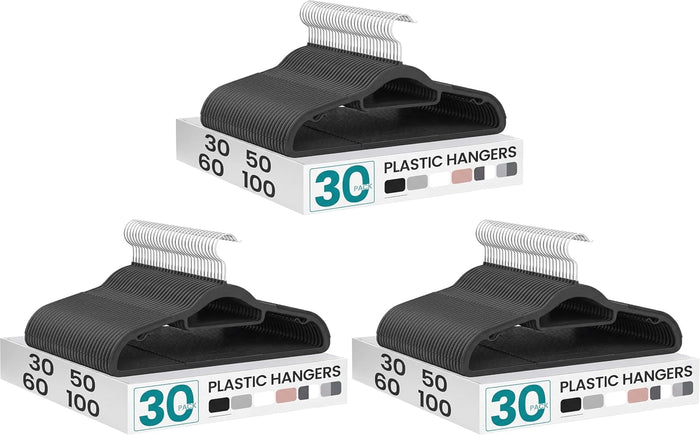 SONGMICS Pack of 90 Coat Hangers, Space-Saving Plastic Clothes Hangers, Non-Slip, 0.2 Inches Slim, 16.5 Inches Wide, 360° Swivel Silver Hook, Black UCRP20BK30