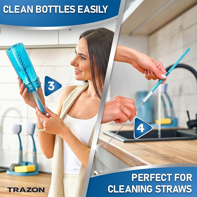 Dish Brush Set of 5 with Convenient Holder, Bottle Water Brush, Dish Scrub Brush - Image 4