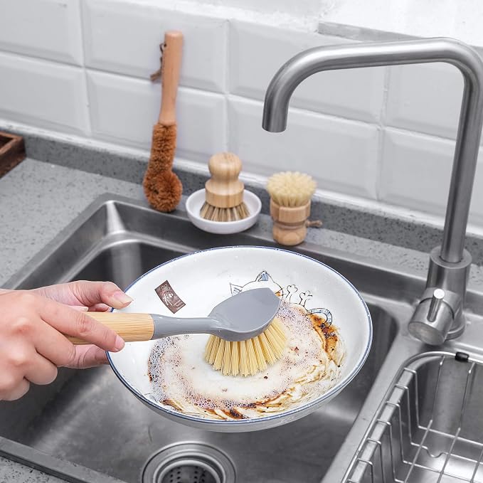 Natural Bamboo Dish Brush Bottle Scrub Brush 4-Piece Set, - Image 6