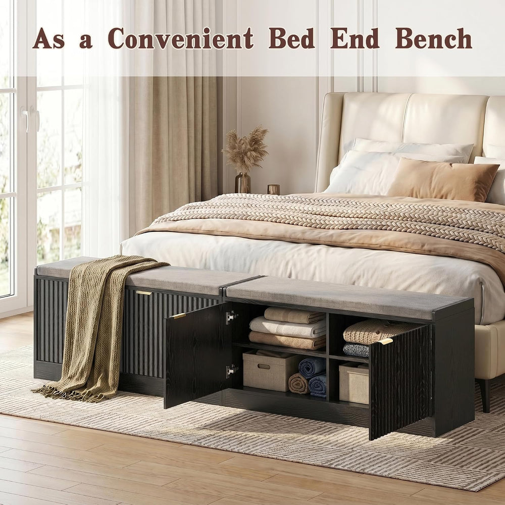 2-Tier Fluted Shoe Storage Bench with Adjustable Shelves and Cushion, Black丨E...