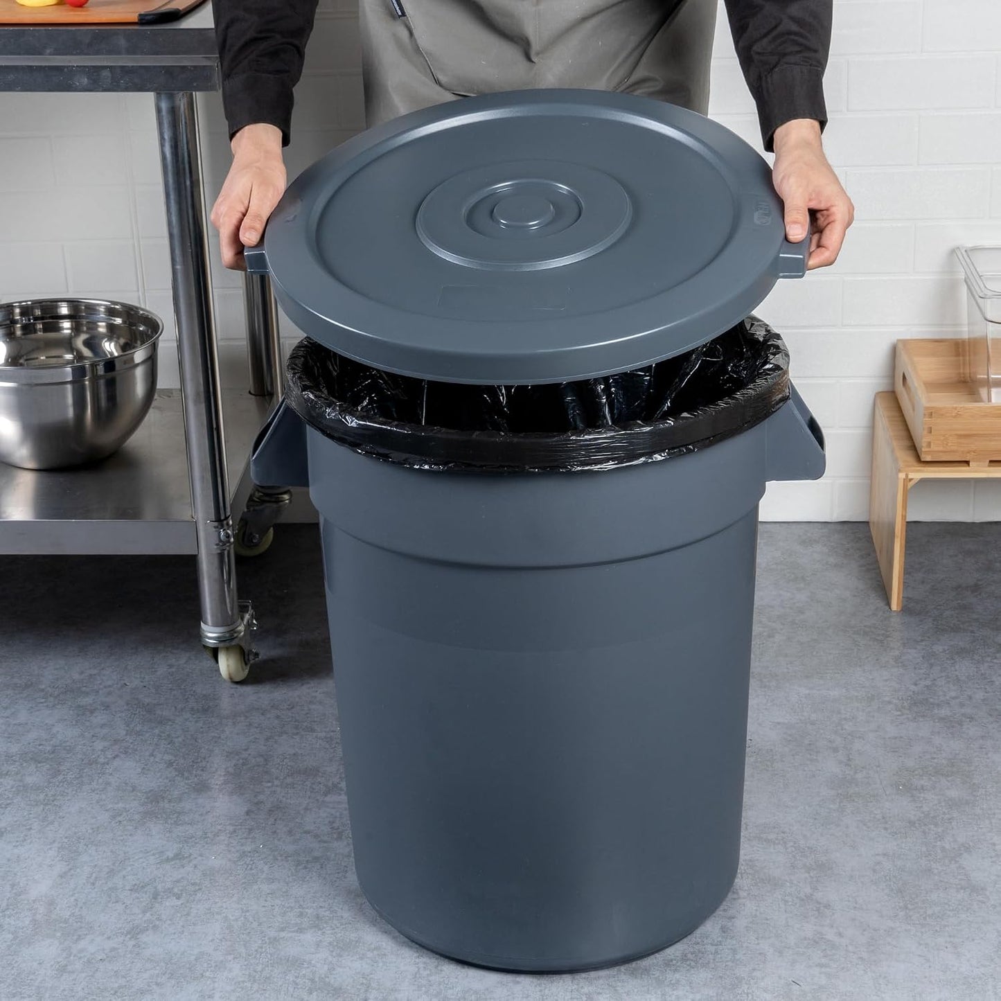 Restaurantware-LID ONLY: RW Clean Waste Container Lid, 1 Round Trash Can Cover - Waste Bin Sold Separately, For 20 Gallon Dustbin, Built-In Handle, Gray Plastic Garbage Can Cover, Heavy-Duty