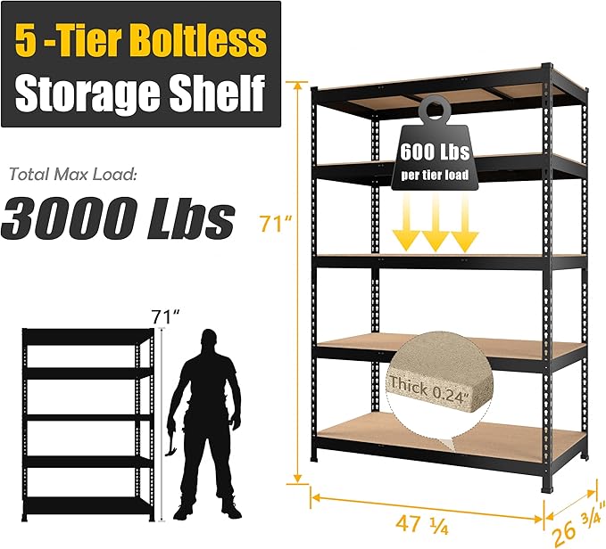 PrimeZone 48" x 24" x 72" Heavy Duty 5 Tier Adjustable Garage Storage Shelving - Image 3