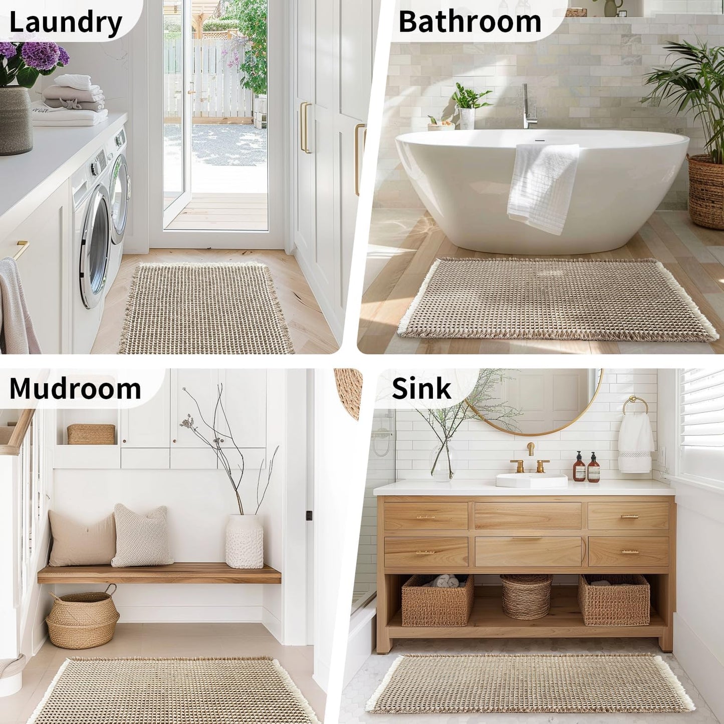 Waffle Bath Mat - Boho Bathroom Rugs Non Slip Washable, Super Absorbent & Quick Dry, Small Bath Mats Farmhouse Bathroom Decor, 18'' x 30'', Khaki and White