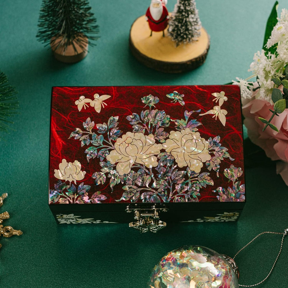 February Mountain Korean Mother of Pearl Jewelry Box – Red Floral Peony Desig...