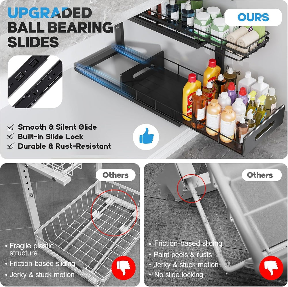 Under Sink Organizer Upgrade To Professional Rails,2-Tier Dual Pull Out Cabin...