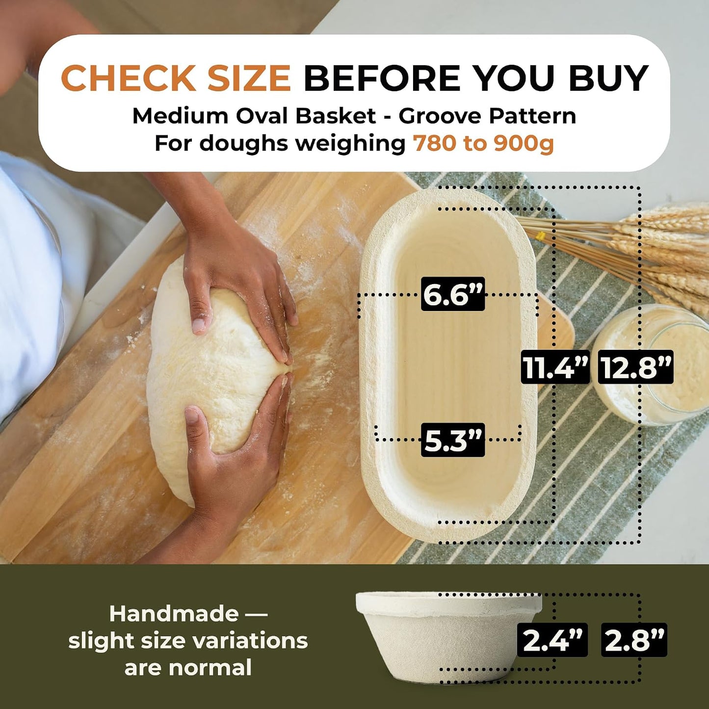 Sourdough Banneton Bread Proofing Basket 11.4" Oval Groove 750g | 11.4 x 5.3 x 2.4in oval, holds 800 to 900g dough, bakes a 750g batard, spruce wood pulp, handmade in Germany