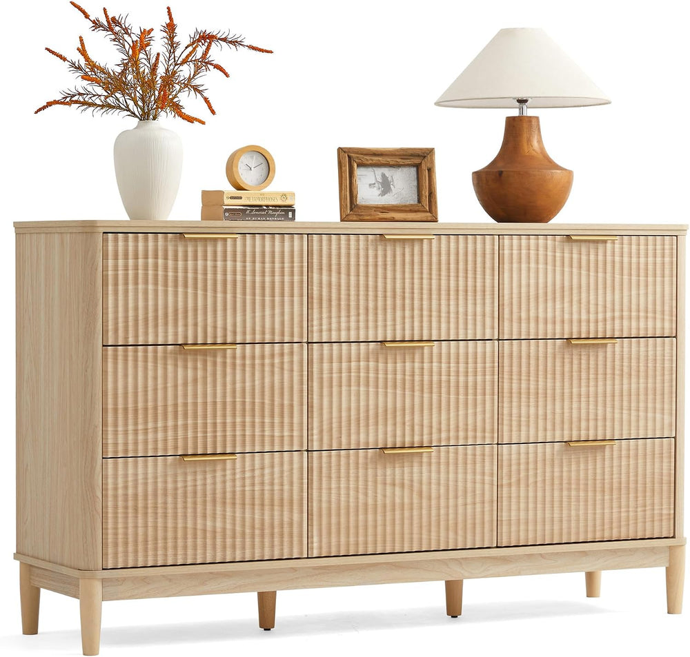 LINSY Fluted Dresser for Bedroom with 9 Drawers, Mid Century Modern Chest of ...