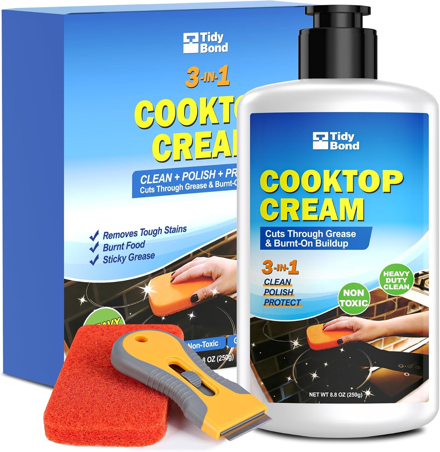 Glass Cooktop Cleaner & Polish Kit, Removes Burnt-On Food & Grease, 8.8 oz | Heavy Duty, Non-Scratch Stove Top Cleaner with Scraper & Scrubbing Pad, Safe for Induction, Electric & Ceramic Cooktops