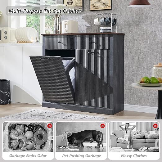 Modern Double Tilt-Out Trash Cabinet, 20 Gallon Fluted Laundry Hamper Cabinet - Image 4
