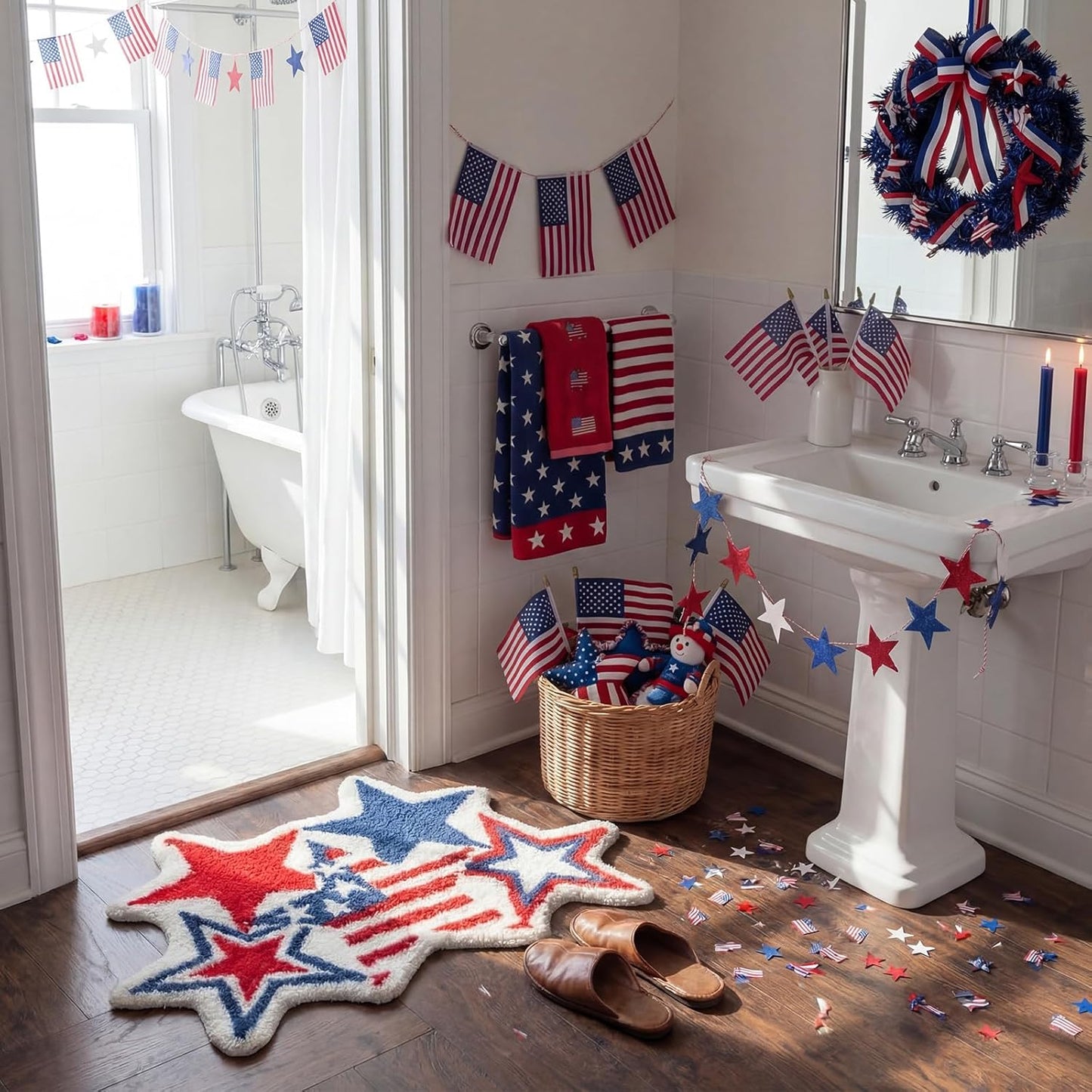 Tinideya 32"x20" 4th of July Bath Mat Patriotic Stars Tufted Rug, American Flag Memorial Day Non-slip Doormat, Funny Independence Day Decorative Carpet for Bathroom Kitchen Shower Living Room Entryway