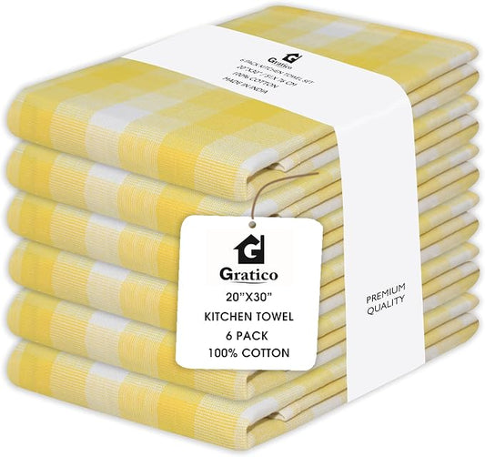 Kitchen Towels Set of 6 Yellow/White Checks 20x30 Inches 100% Cotton Highly by Gratico